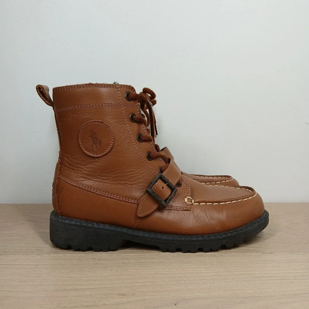 Polo Ralph Lauren Boots Kids 3 Brown Leather Moc Toe Buckle Preppy Equestrian